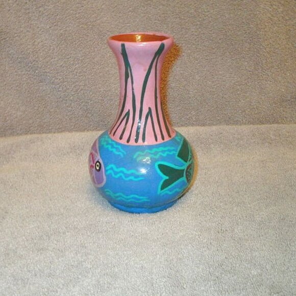 Vtg Mexican Talavera Pottery Vase Hand Painted Fish Folk Art Reversible Colors - Picture 4 of 6